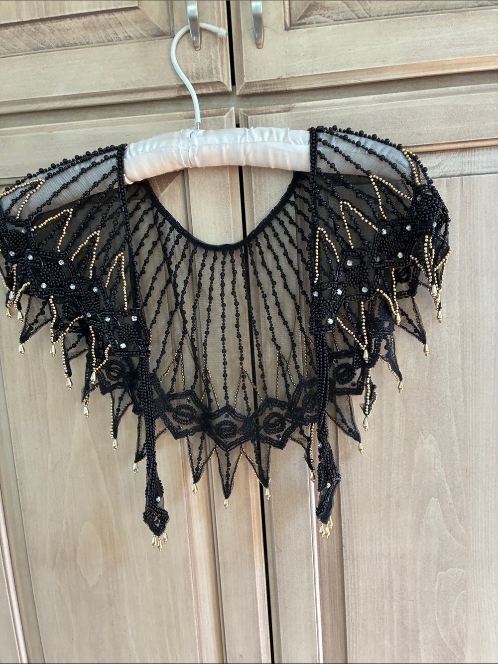 Black Beaded Fringe Collar Necklace with Gold Accent shawlBeads